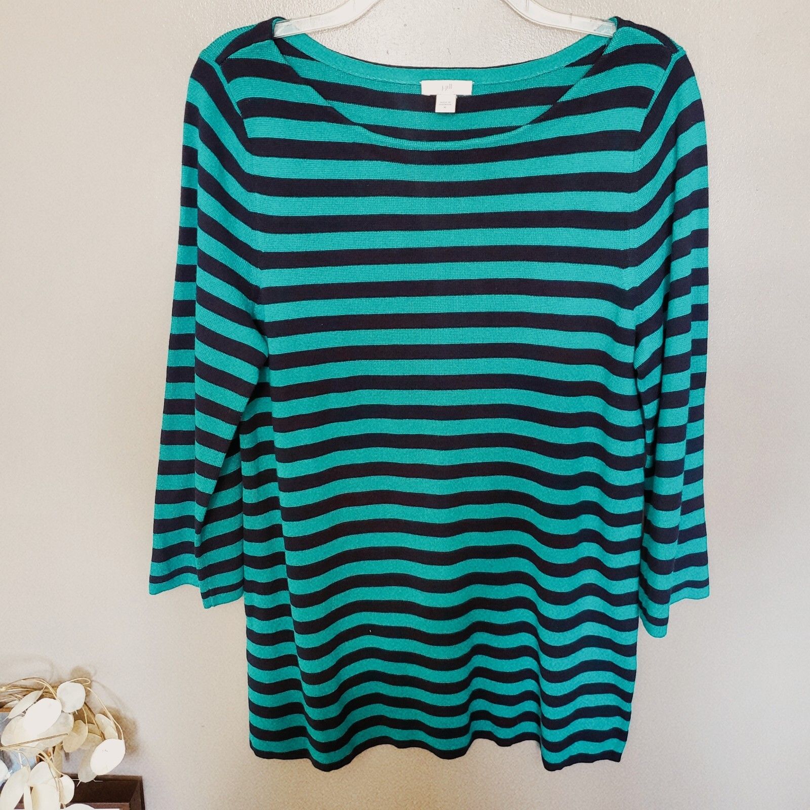 J. Jill Sweater Womens Size Medium Green Navy Blue Striped Cotton Blend Tunic